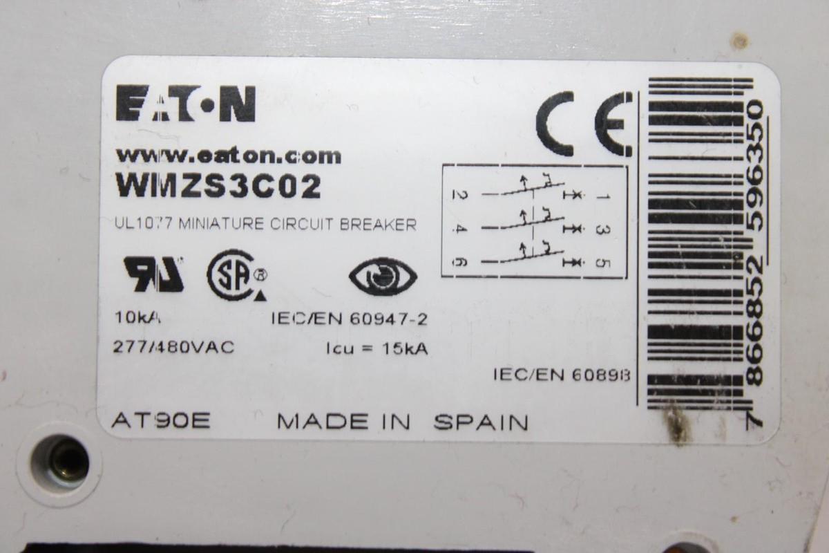 Used EATON CIRCUIT BREAKER  WMZS3C02 480/277 VAC 2 AMP 3-POLE *WARRANTY*