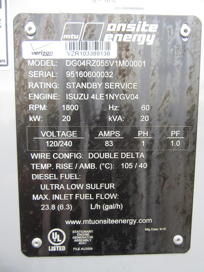 Used 20 KW DIESEL GENERATOR MTU 120/240 V 4LE1 ISUZU SOUND ENCLOSED 48 HRS  VIDEO