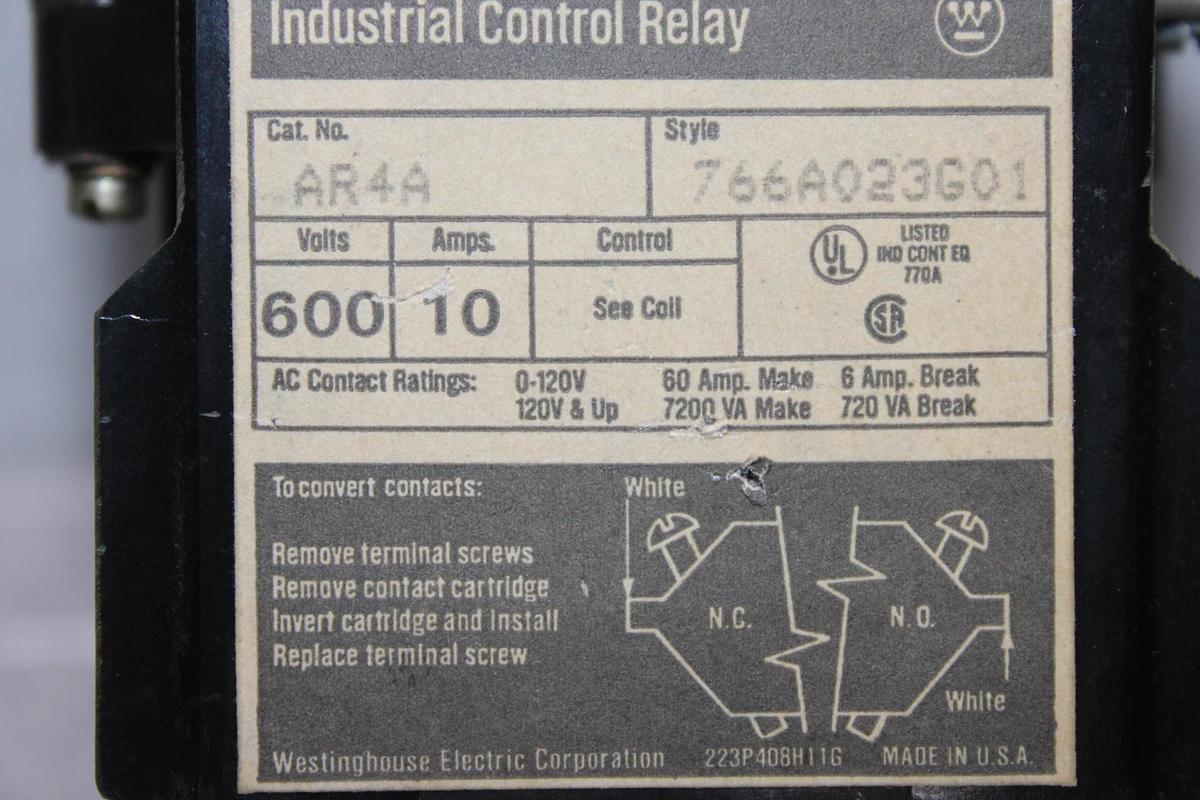 Used WESTINGHOUSE INDUSTRIAL CONTROL RELAY ARB4A 10 AMP 600 VAC W/ ARA20