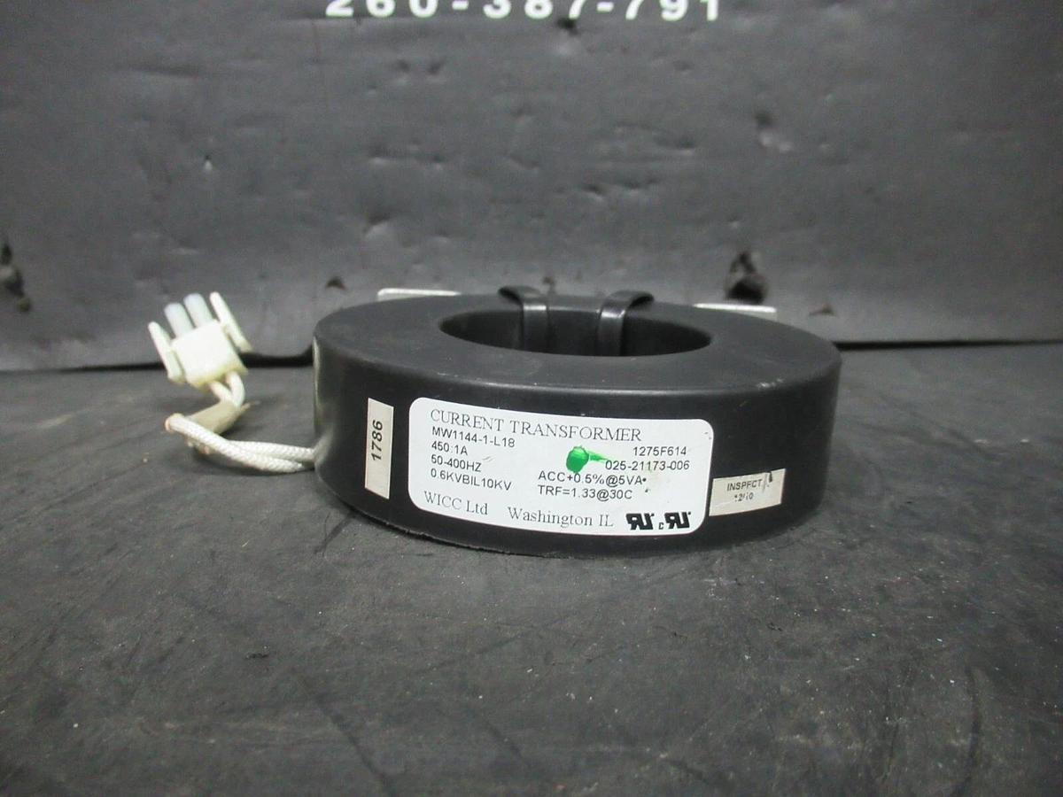 Used WICC MW1144-1-L18 CURRENT TRANSFORMER 450:1 A 50-400 HZ 10 KV 025-21173-006