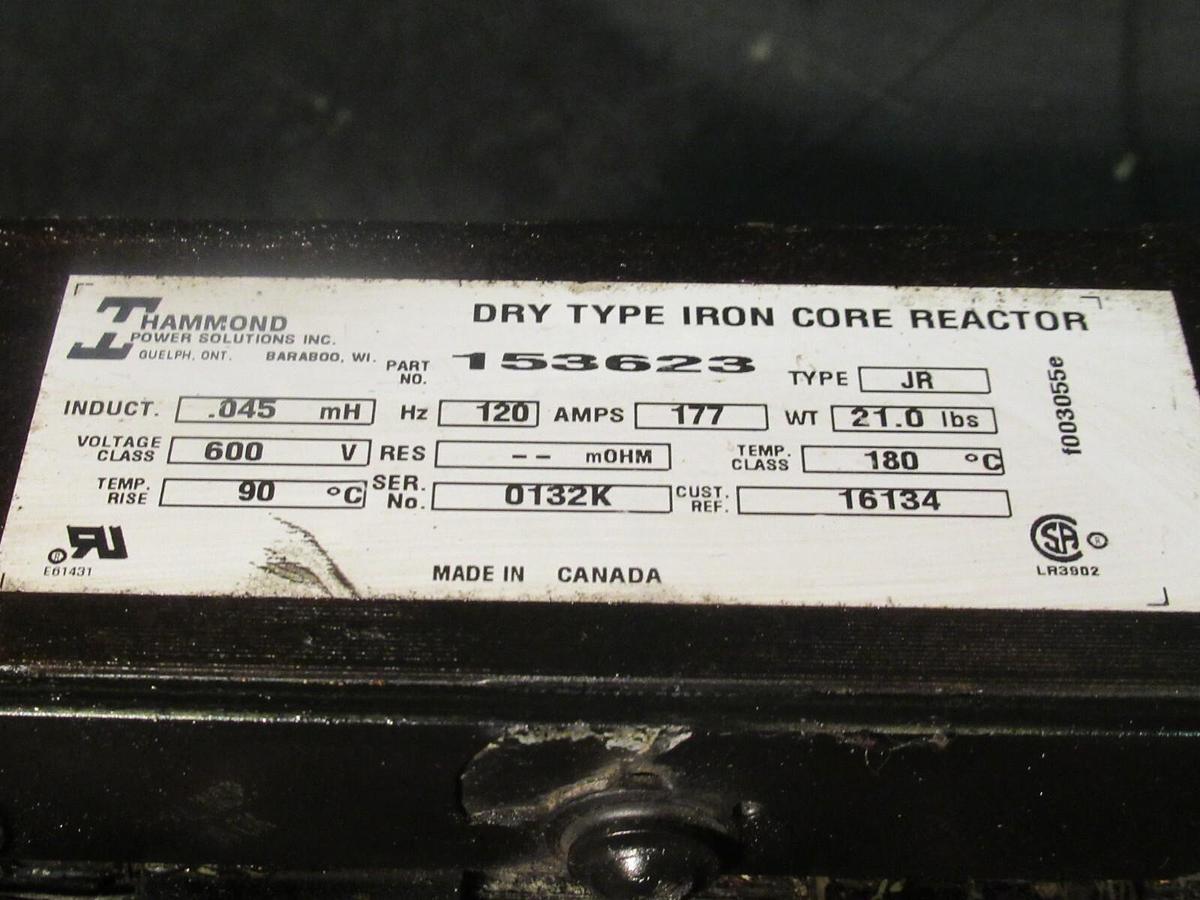 Used HAMMOND DRY TYPE IRON CORE LINE REACTOR 153623 169 AMPS .045 mH INDUCT 600 V JR