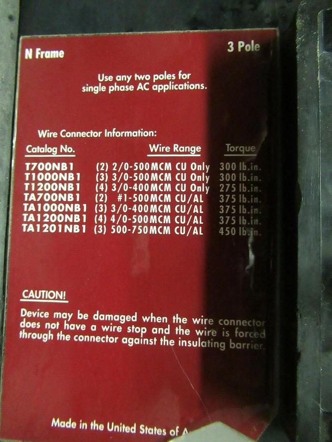 Used CUTLER HAMMER MOLDED CASE SWITCH 1200 AMP 600 VAC 3-POLE 3PST *WARRANTY*