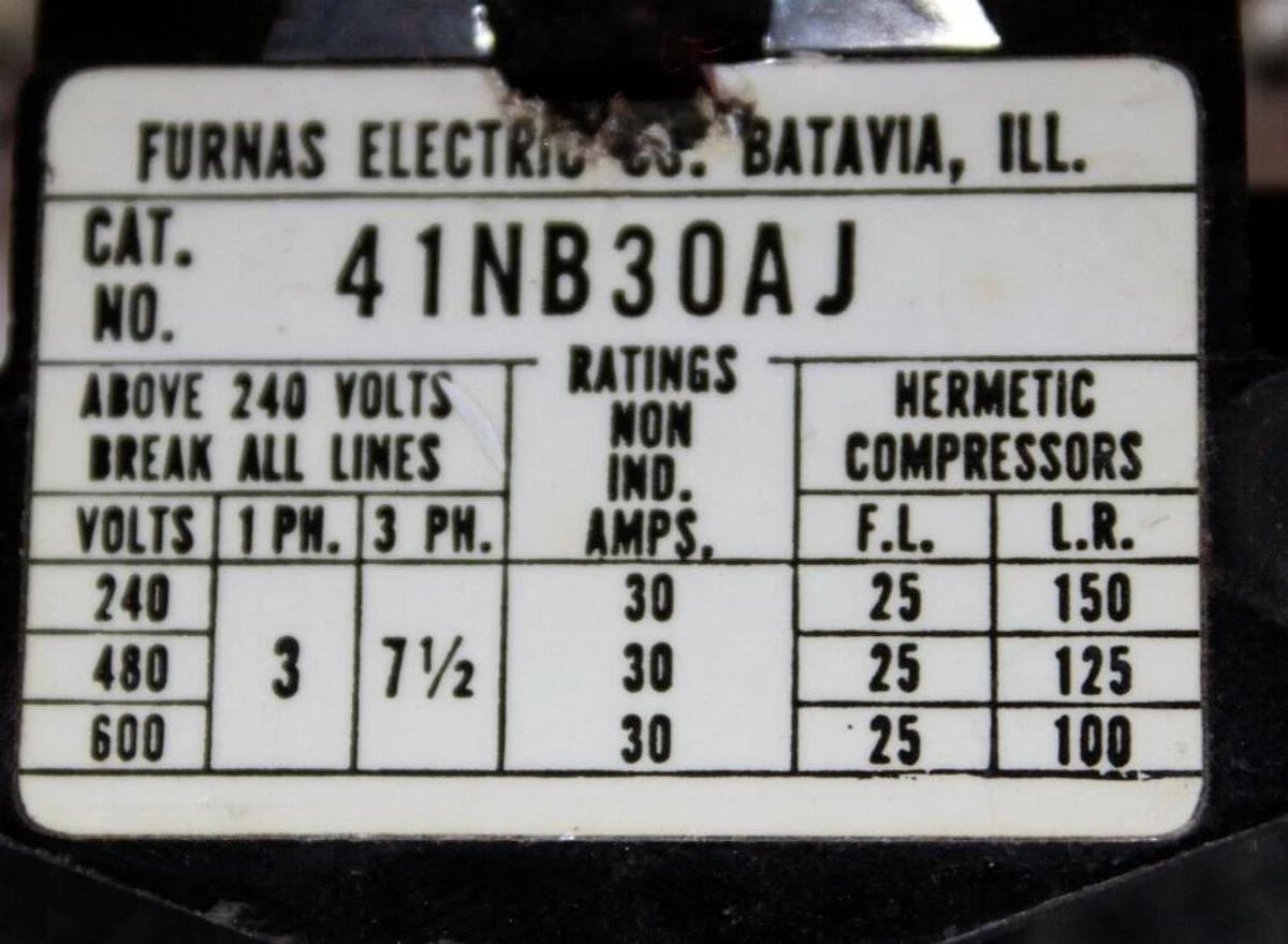 Used FURNAS CONTACTOR 41NB30AJ 25 AMP 3-POLE 3-PHASE 600 VAC 7.5 HP