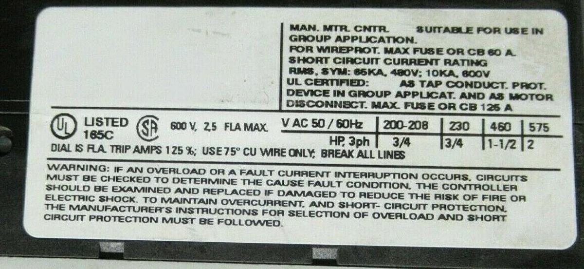 Used SIEMENS MANUAL MOTOR SPORT 3RV1011-1CA10 600 VAC 2 HP 1.8-2.5 AMP **WARRANTY**