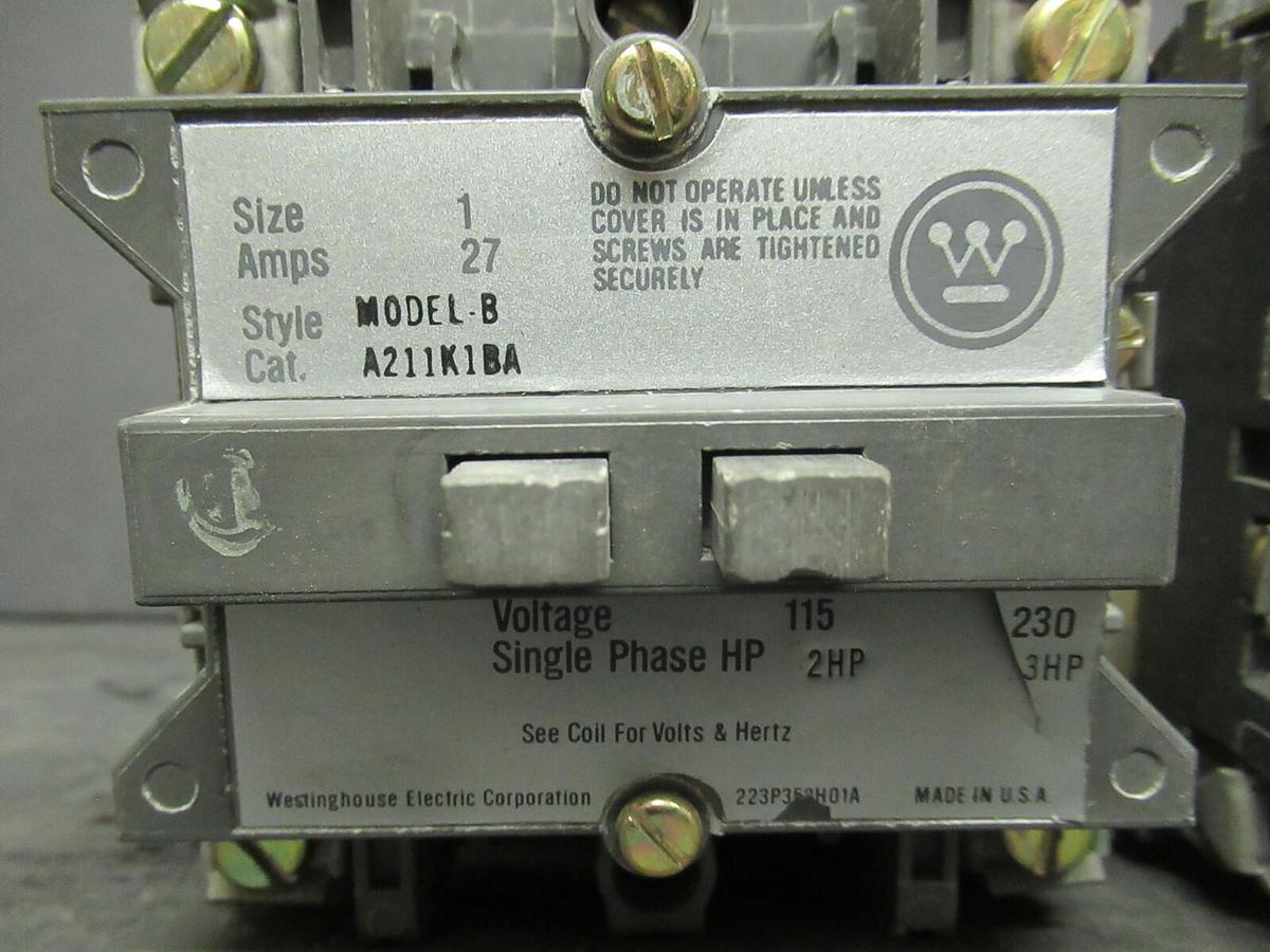 Used 27 AMP WESTINGHOUSE REVERSING CONTACTOR A211K1BA 240 VAC 3 HP