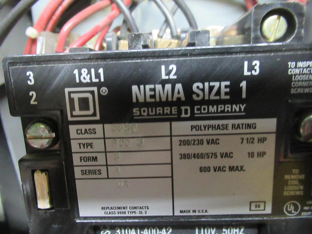 Used SQUARE D MCC MOTOR CONTROL STARTER 12" MODEL 5 W/ NEMA SIZE 1 8536SCO3 3 AMP