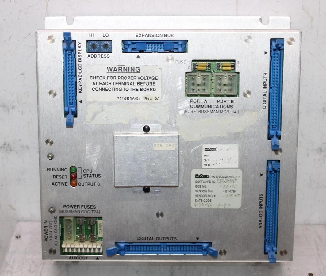 Used MCQUAY CHILLER CONTROL MODULE 860-654872B-50 SOFTWARE: CFG3E04E 500-000280-00-F