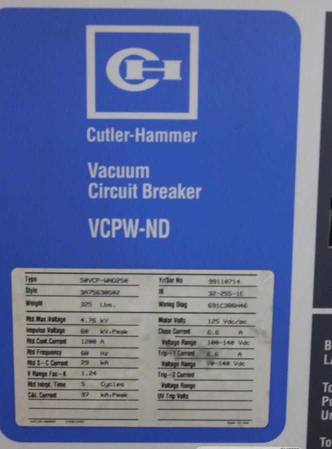 Used CUTLER-HAMMER VACUUM CIRCUIT BREAKER 50VCP-WND250 1200 AMP 5KV VCPW-ND