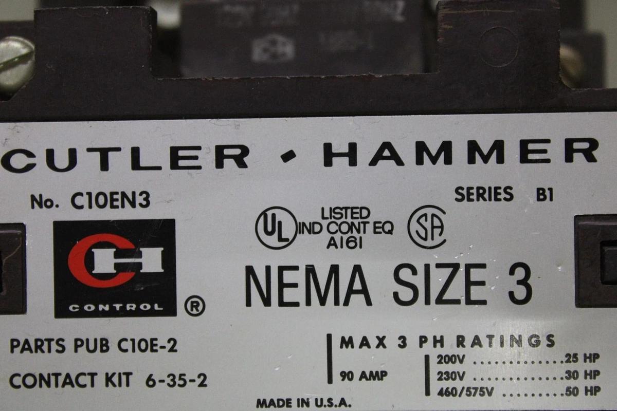 Used CUTLER-HAMMER CONTACTOR C10EN3 NEMA SIZE 3 90 AMP 600 VAC 3-POLE COIL: 120 V