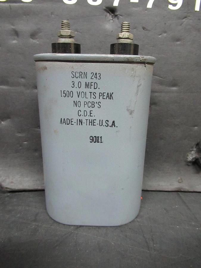 Used CDE CAPACITOR SCRN-243 3.0 MFD 1500 VOLT 9011 **WARRANTY INCLUDED**