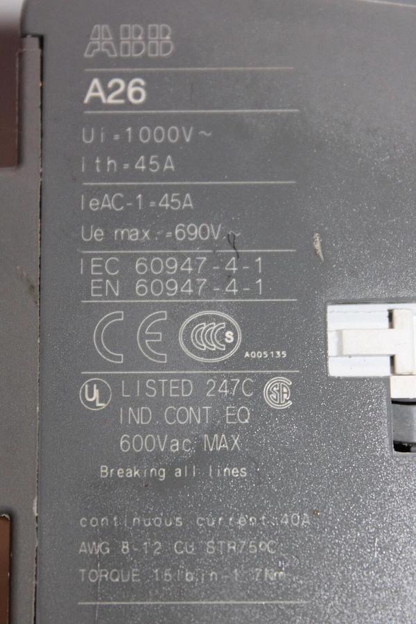 Used ABB CONTACTOR A26-22-00 45 AMP 600 VAC 3-POLE 3-PHASE COIL: 24V *WARRANTY*