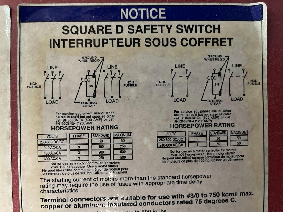 Used SQUARE D HEAVY DUTY SAFETY SWITCH HU368R 1200 AMP 600 VOLT NEMA 3R/5 3-PHASE