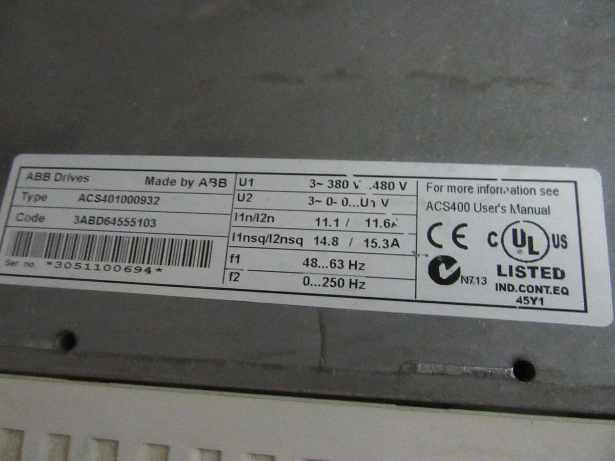 Used ABB INVERTER DRIVE ACS401000932 380/480 VOLT 11.6/15.3 AMP 63/250 HZ