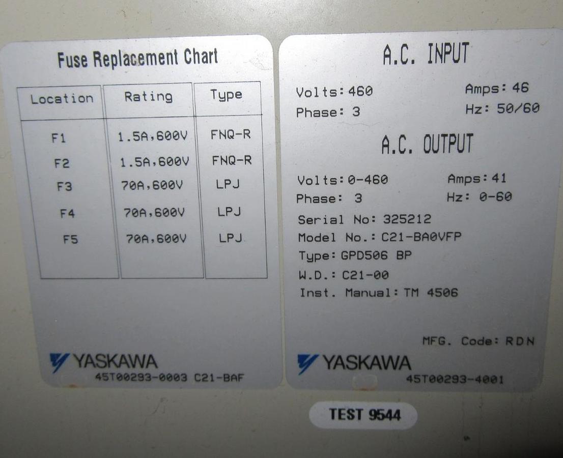 Used YASKAWA VARIABLE SPEED DRIVE C21-BA0VFP 460 VOLT 46 AMP 3-PHASE GPD506-BP