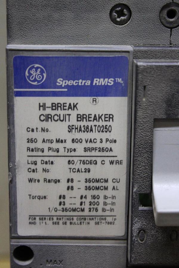 Used GE SPECTRA RMS CIRCUIT BREAKER SFHA36AT0250 110 AMP 3-POLE 600 VAC **WARRANTY**