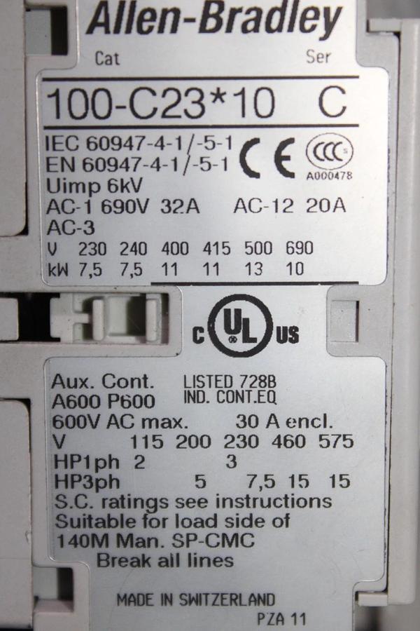 Used ALLEN BRADLEY STARTER 100-C23*10 30 AMP 600 VAC 3-POLE 15 HP W/ 193-EECB