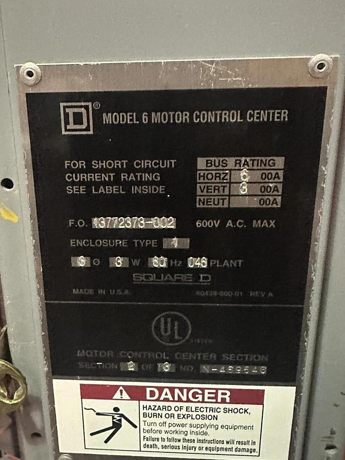 Used SQUARE D MODEL 6 MOTOR CONTROL CENTER MCC 3 SECTION 300 AMP VERTICAL 600 A HORZ