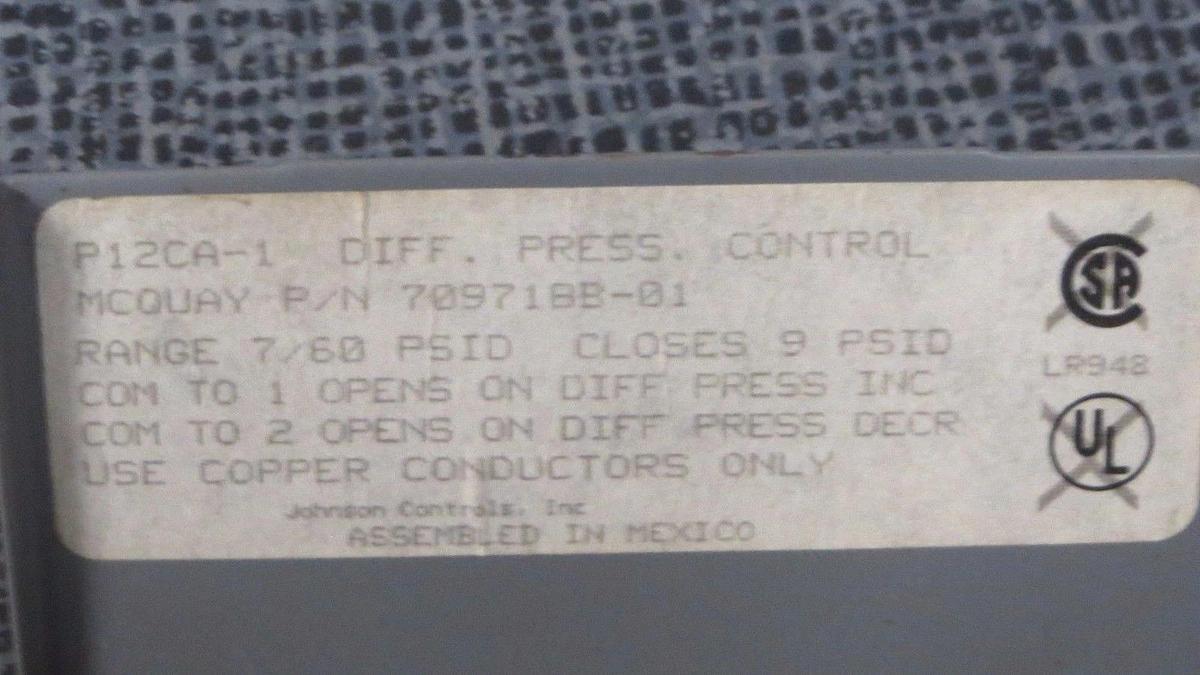 Used JOHNSON CONTROLS PENN LUBRICATION PROTECTION 7/60 PSID P12CA-1 709718B-01