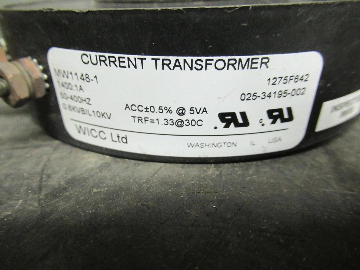 Used WICC LTD CURRENT TRANSFORMER MW1148-1 025-34195-002 RATIO: 1400:5A 50-400 HZ