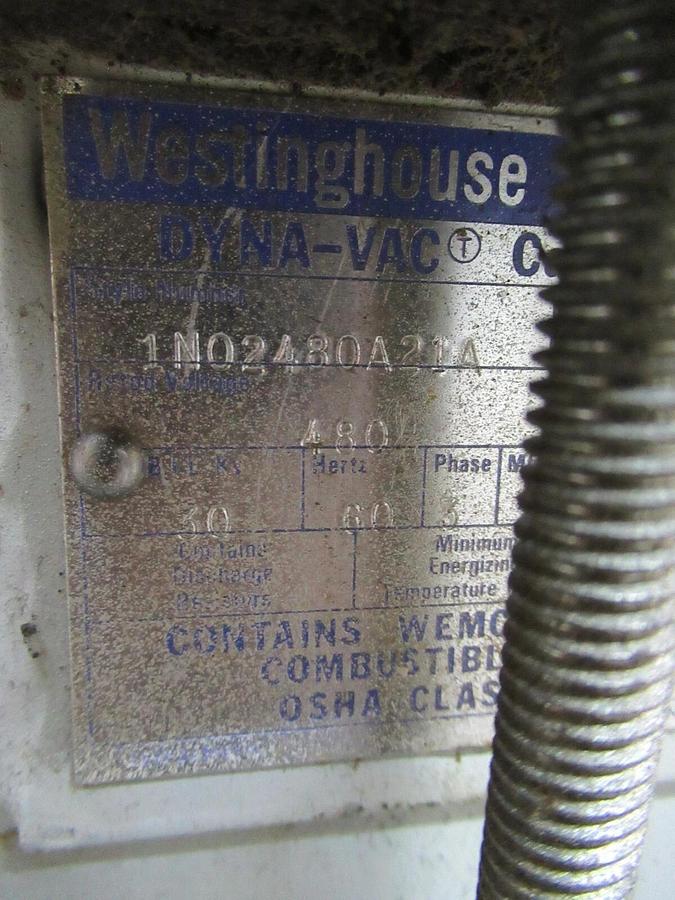 Used 100 KVAR (2-EA 50s) WESTINGHOUSE 480 V DYNA-VAC CAPACITOR BANK 1N02480A21A 3 PH