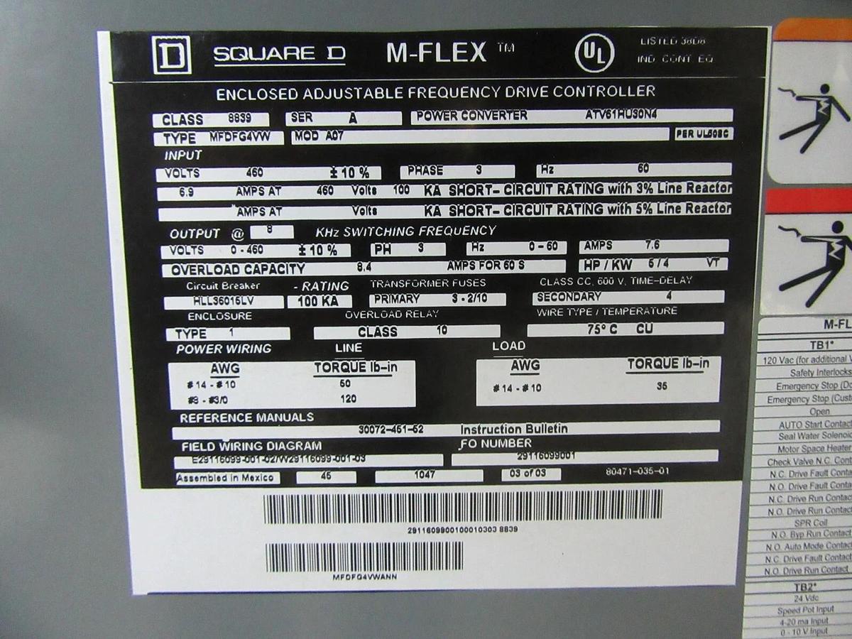 Used SQUARE D M-FLEX VARIABLE SPEED DRIVE MFDFG4VW ATV61HU30N4 5 HP 4 KW 460 VOLT