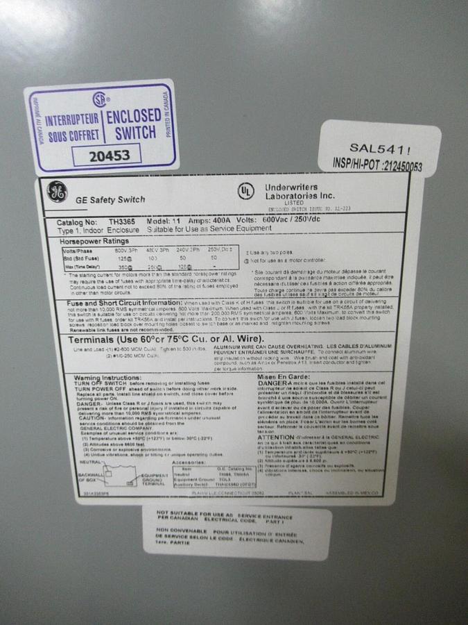 NIB GE 400 AMP HEAVY DUTY SAFETY SWITCH TH3365 TYPE 1 3-POLE 350 HP 600 V