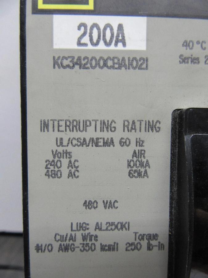 Used SQUARE D I-LINE CIRCUIT BREAKER KC34200CBA1021 200 AMP 480 VAC W/ SHUNT TRIP
