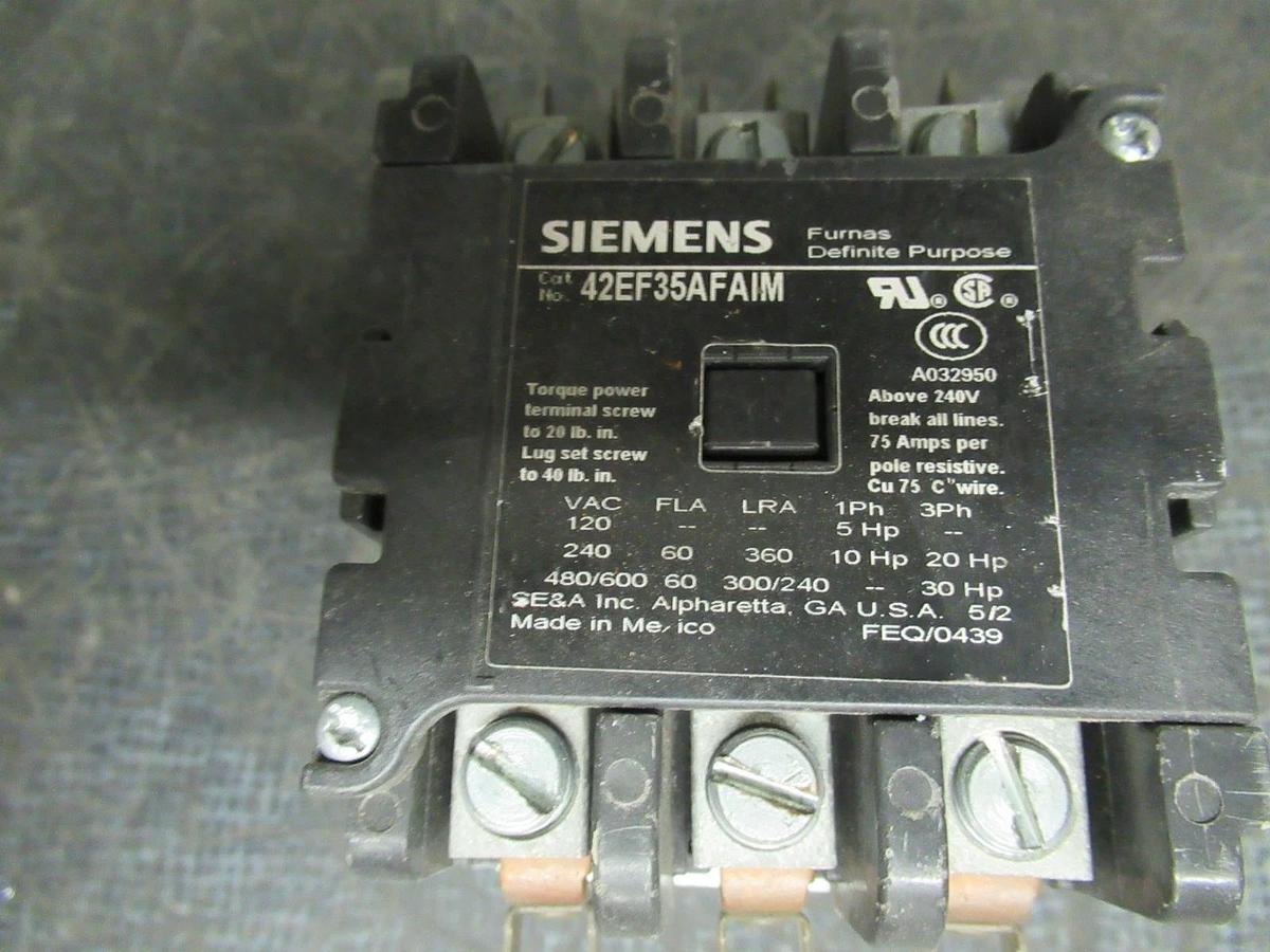 Used SIEMENS CONTACTOR 42EF35AFAIM 600V 60A 75A/RES 30HP 3-POLE 3-PHASE COIL: 120V