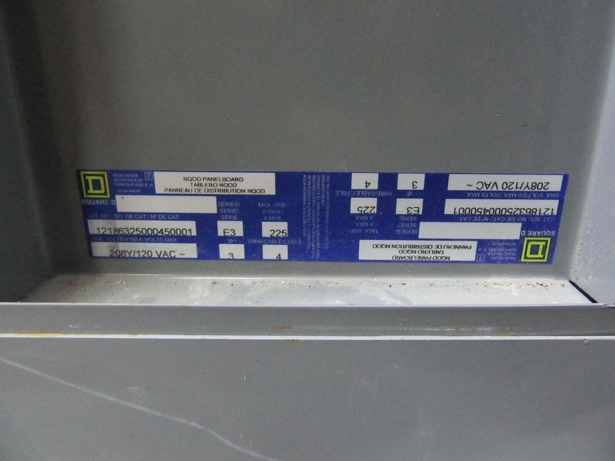 Used 225 AMP SQUARE D NQOD / QO / QOB PANELBOARD PANEL MLO 3 PH 4 W 208Y/120 V E3
