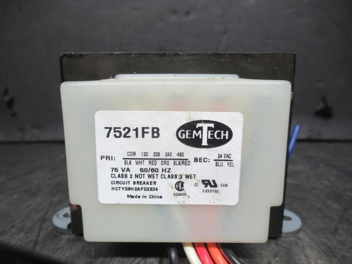 Used 75 VA GEMTECH TRANSFORMER 7521FB PRI: 480 VAC SEC: 24 VAC **WARRANTY INCLUDED**