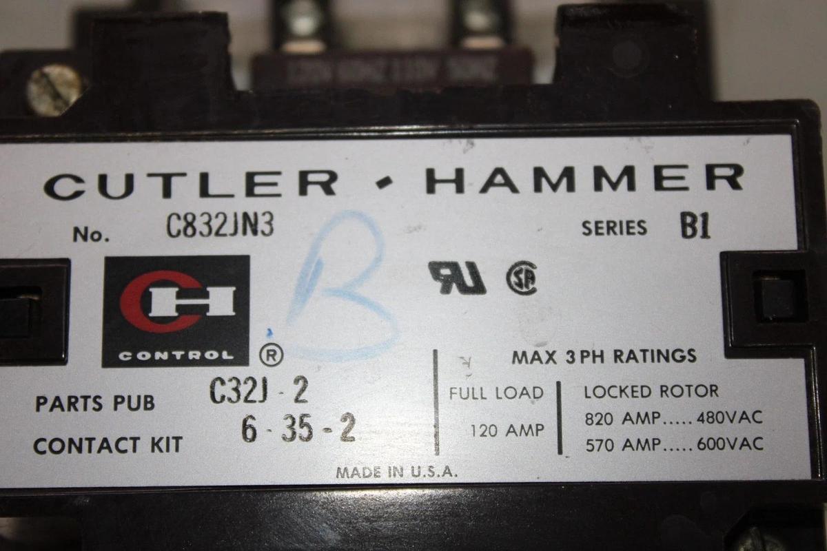Used CUTLER-HAMMER CONTACTOR C832JN3 NEMA SIZE 3 120 AMP 600 VAC 3-POLE COIL: 120 V