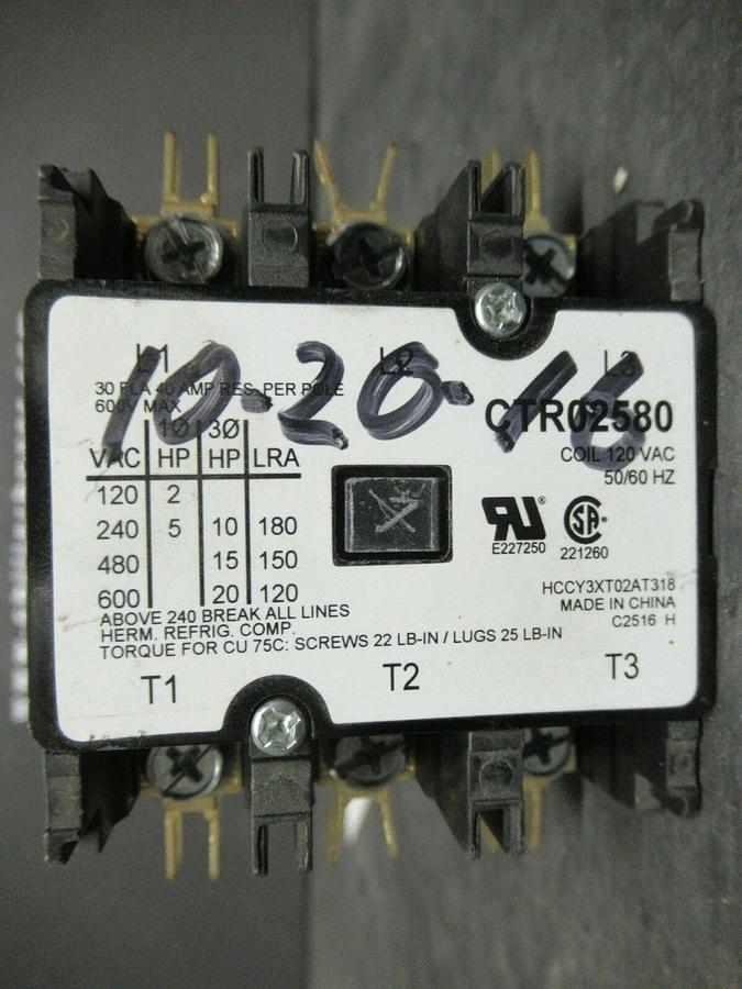 Used TRANE CONTACTOR CTR02580 30 AMP 40 AMP/RES 600 VAC 20 HP