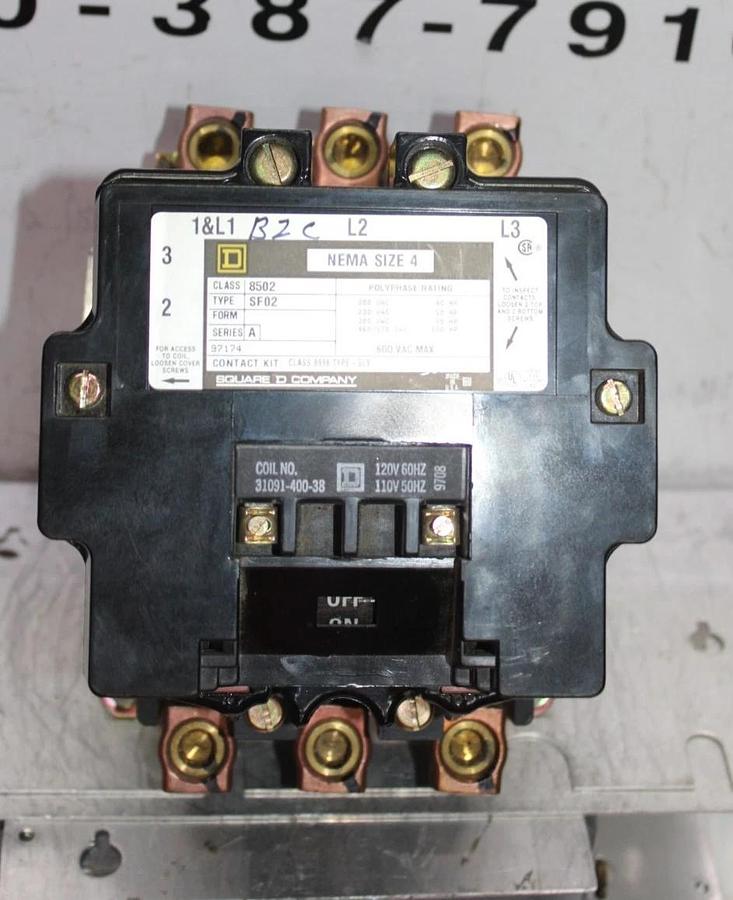 Used SQUARE D NEMA CONTACTOR 8502SF02 NEMA 4 600 VOLT 135 AMP 100 HP COIL: 120 VOLT