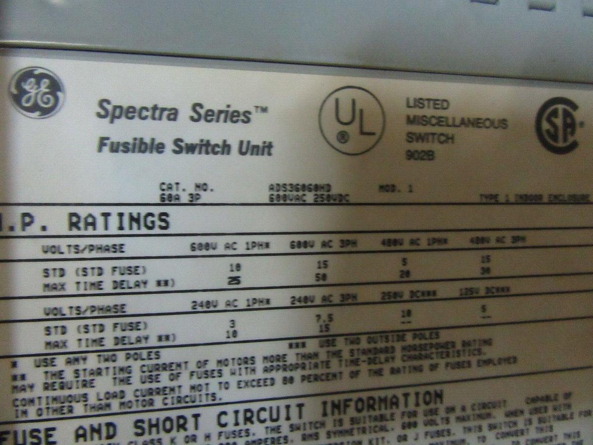 Used GE DUAL SPECTRA FUSIBLE PANEL SWITCH ADS36060HD 60 AMP 600 VOLT 50 HP