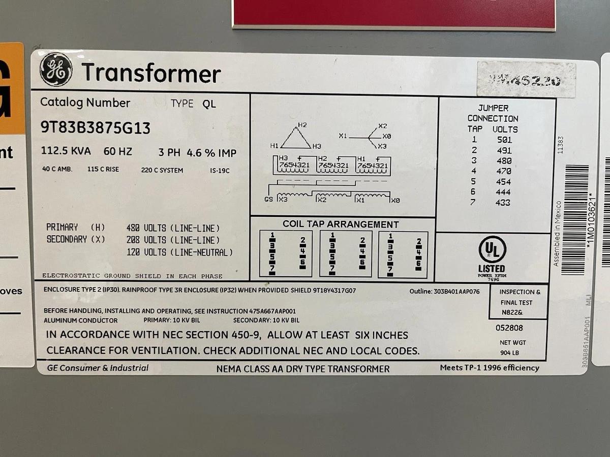 Used GE TRANSFORMER 9T83B3875G13 112.5 KVA 3-PHASE 60 HZ PRI: 480V SEC: 208/120V