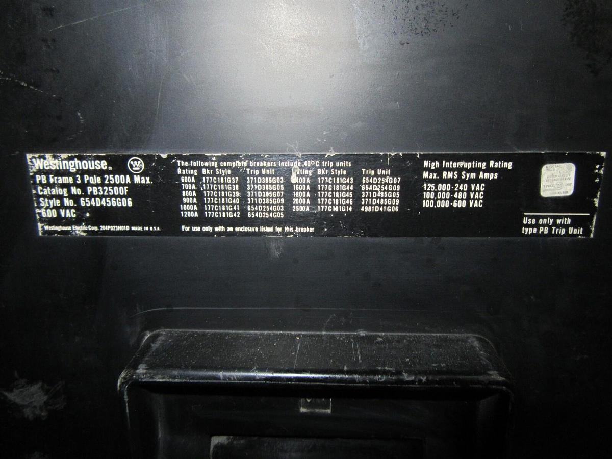 Used WESTINGHOUSE PB 2500 AMP FRAME CIRCUIT BREAKER PB32500F 3 POLE PB32500F 600 VAC