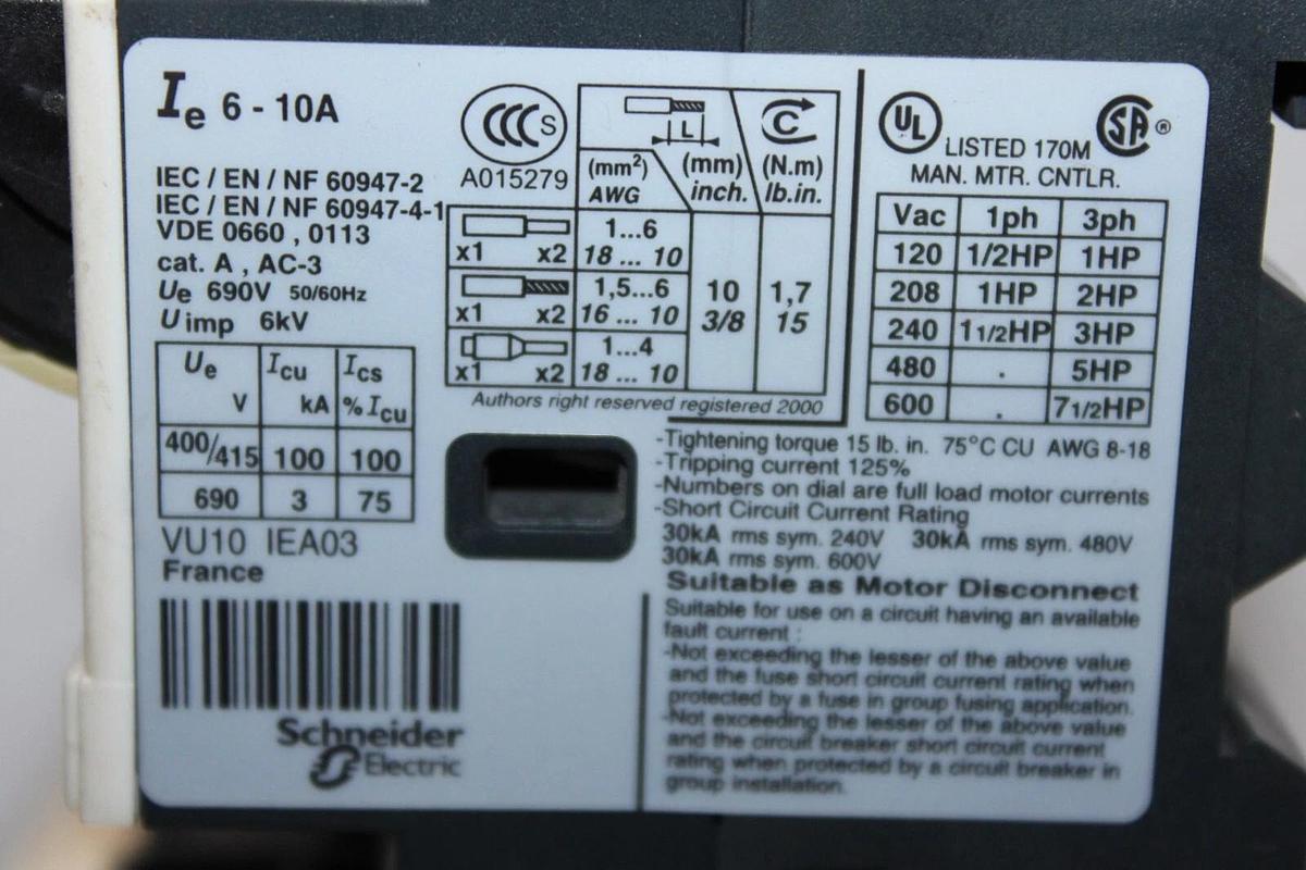 Used TELEMECANIQUE DELTA STARTER LC1D12 25 AMP 3-PHASE 600V 10HP W/ GV2ME14/6-10A