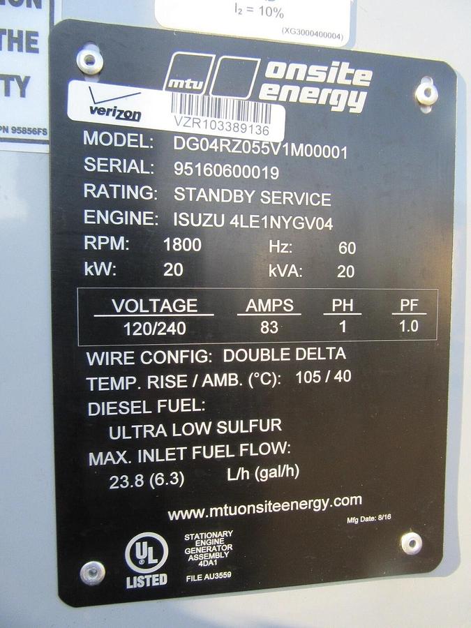 Used 20 KW DIESEL GENERATOR ISUZU MTU 2017 253 HRS 120/240 VOLT 1 PH SOUND ENCLOSED