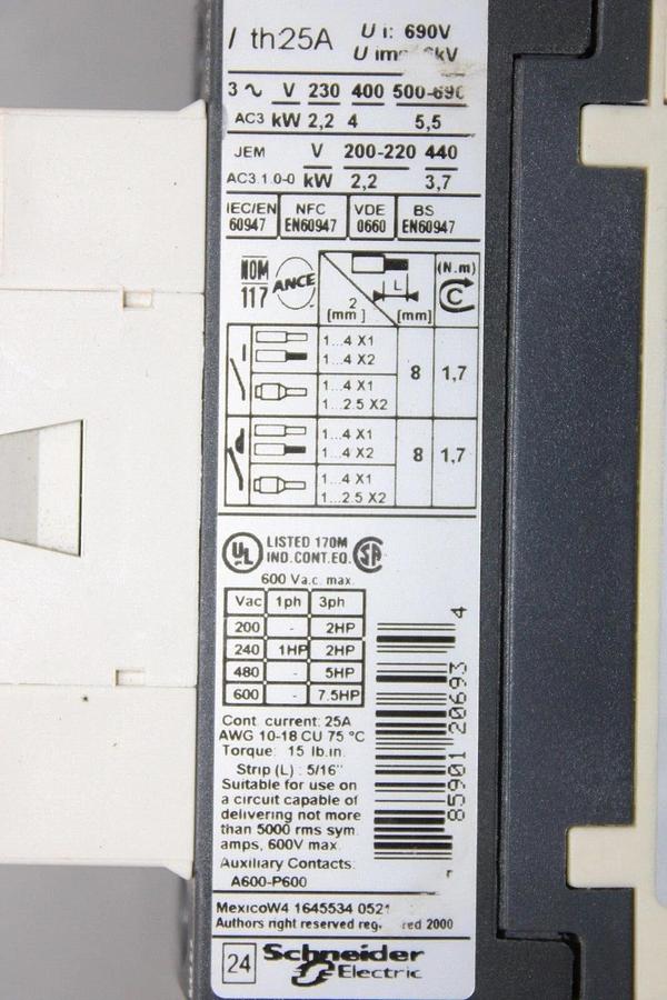 Used TELEMECANIQUE CONTACTOR LC1D09 600 VAC 25 AMP 7.5 HP **WARRANTY**