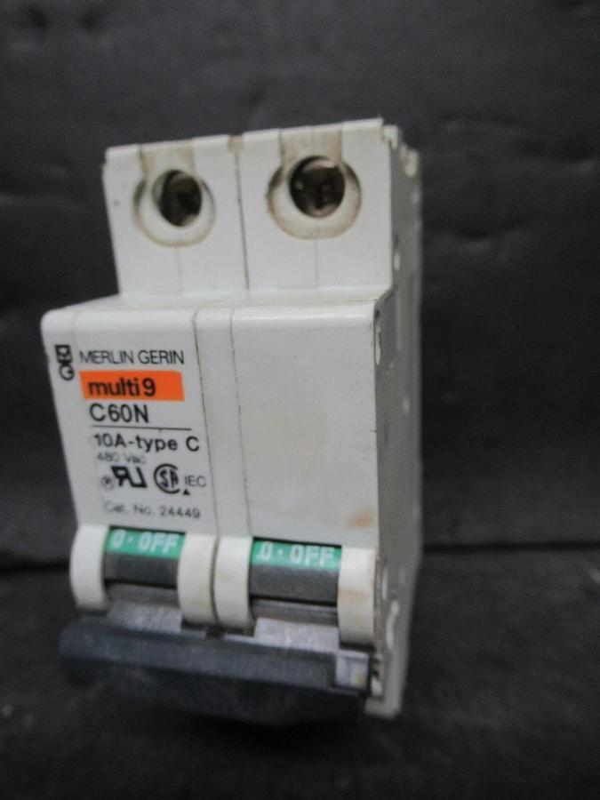 Used MERLIN GERIN THREE POLE BREAKER 24449 MULTI 9 C60N 10A-TYPE C 480 VAC