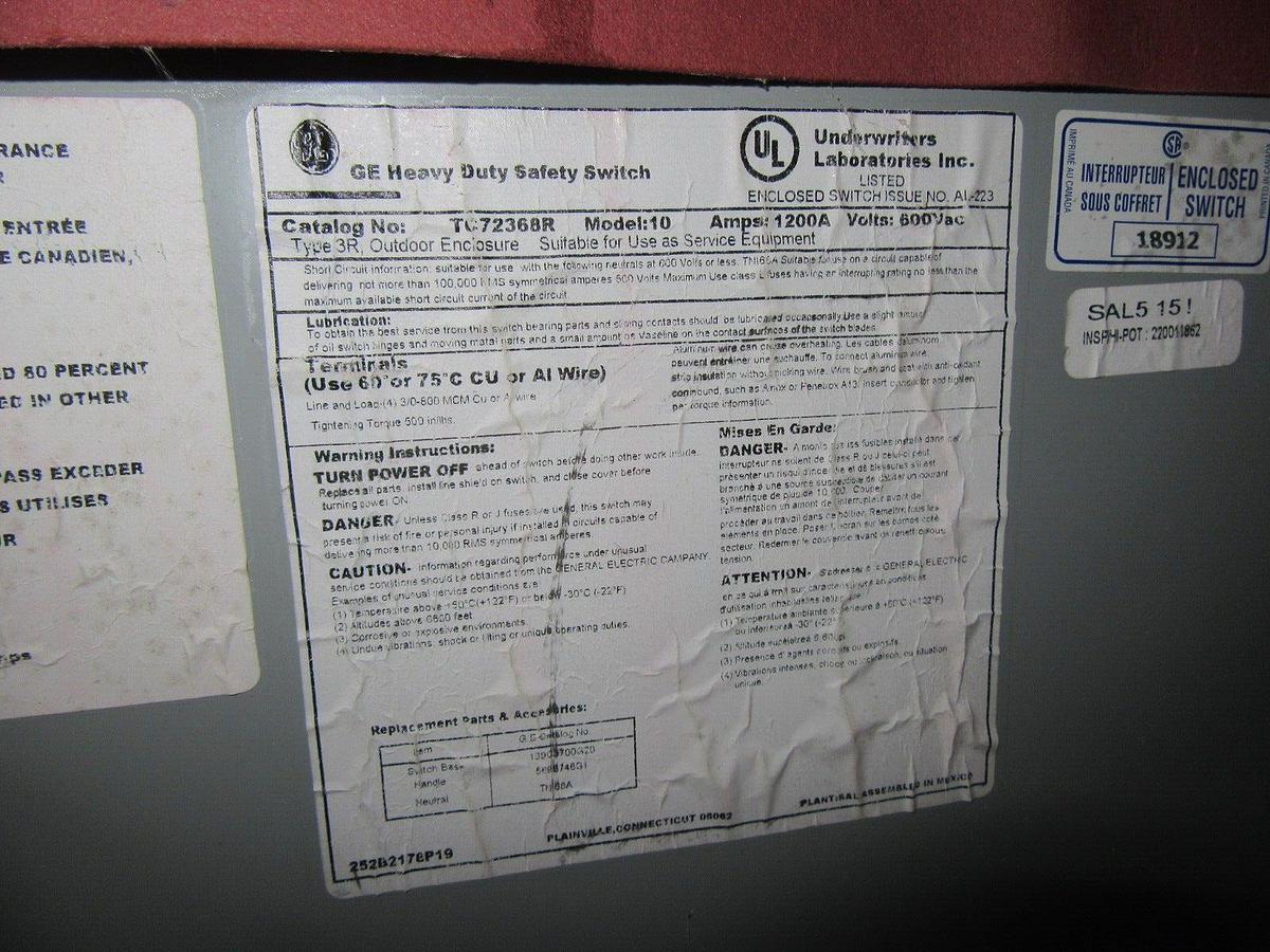 Used GE 1200 AMP HEAVY DUTY FUSIBLE SAFETY SWITCH 600 / 480 VAC CAT# TC72368R NEMA 3R