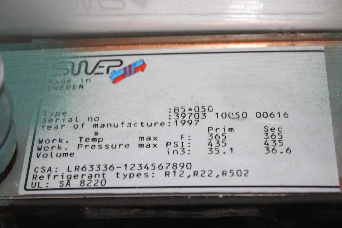 Used SWEP HEAT EXCHANGER B5*050 MAX TEMP: 365F 435 PSI
