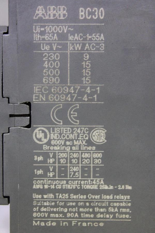 Used ABB CONTACTOR BC30-30-00 600 VOLT 45 AMP 30 HP COIL: 24 VDC *WARRANTY*