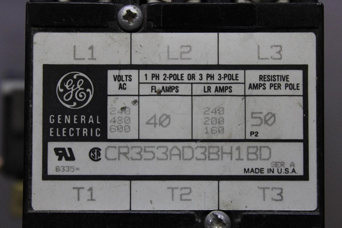 Used GENERAL ELECTRIC CONTACTOR CR353AD3BH1BD 40 AMP 600 VAC 3-POLE VOIL: 24V