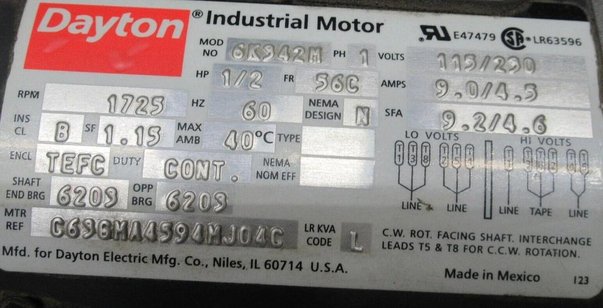 Used DAYTON MOTOR 6K942M 1 PHASE 115/230 VOLT 1.15 SF 9 AMP 1/2 HP 1725 RPM
