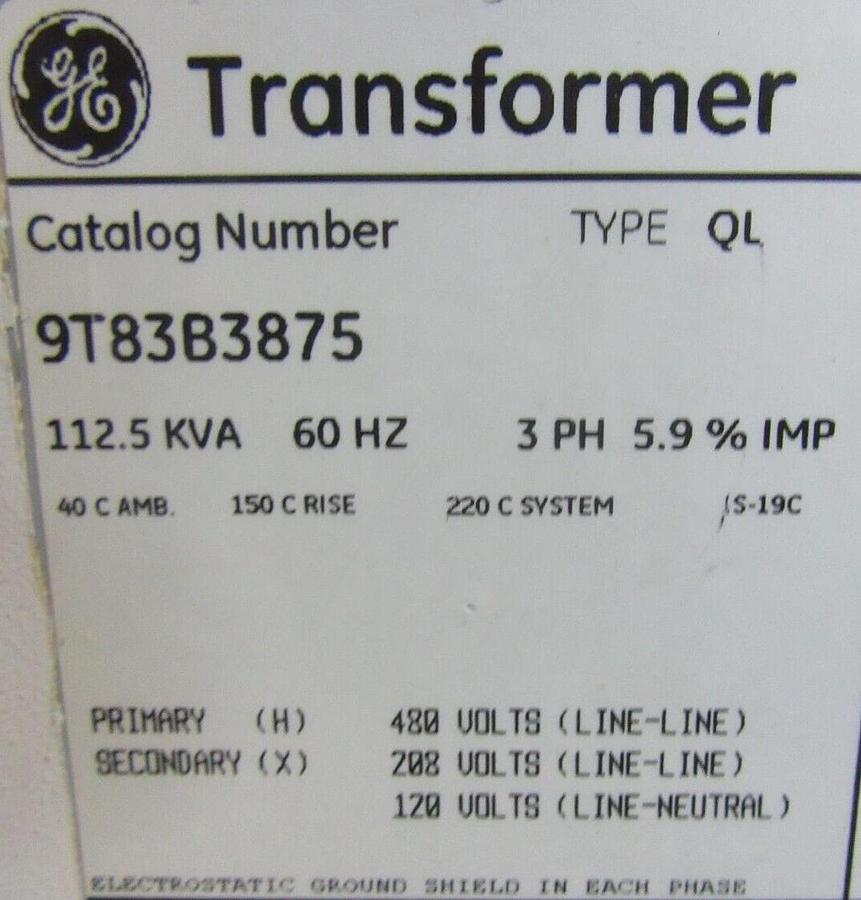 Used GE TRANSFORMER 9T83B3875 112.5 KVA PRI: 480 VOLT SEC: 208/120 VOLT 3-PHASE