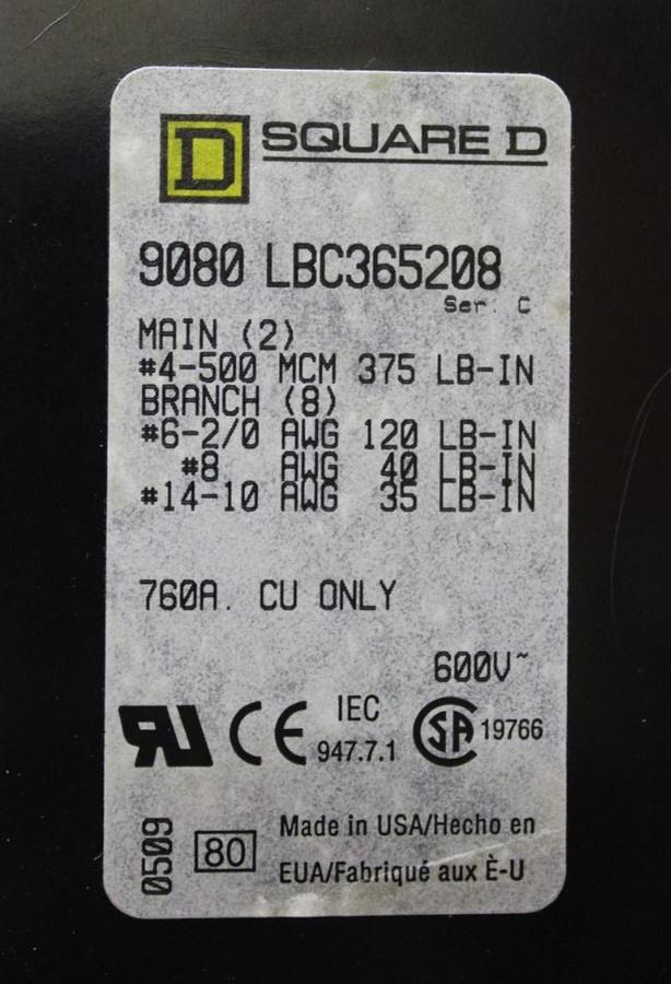 Used SQUARE D WIRE TERMINAL BLOCK 9080-LBC365208 760 AMP 600 VOLT CU WIRE ONLY
