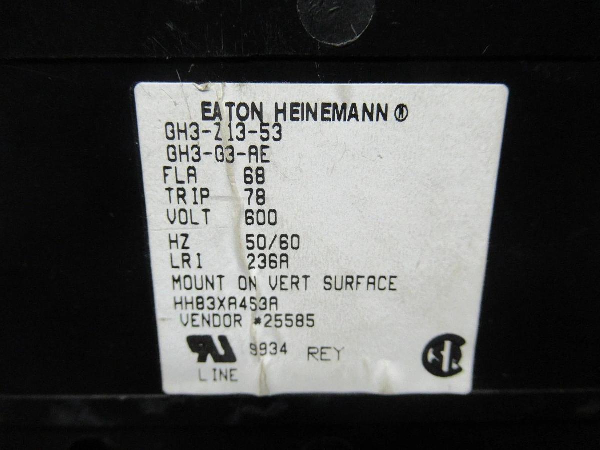 Used 68 AMP GE / HEINEMANN GH3-Z13-53 3 POLE 600VAC W/ LUGS **WARRANTY INCLUDED**