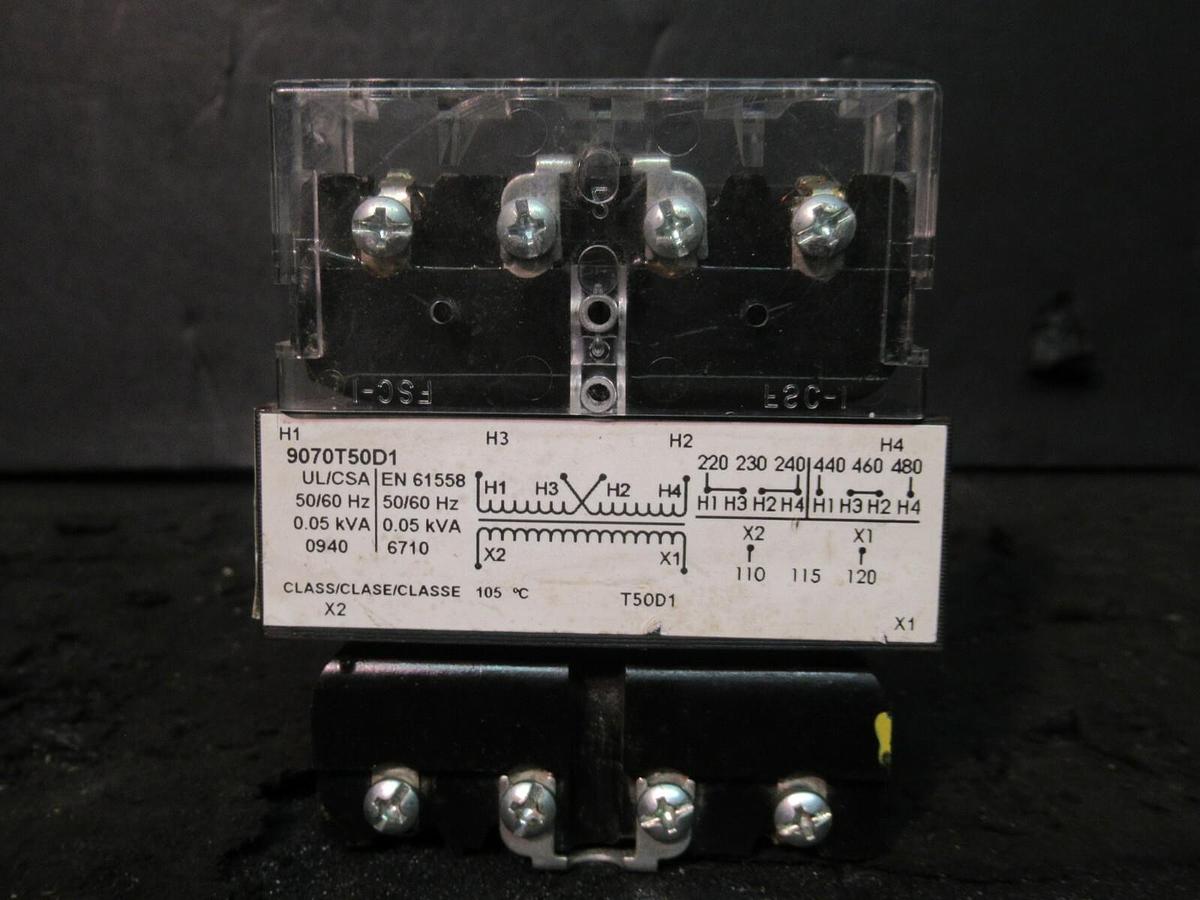 Used 0.05 KVA (50 VA) SQUARE D CONTROL TRANSFORMER 240 / 480 V TO 120 VAC 9070T50D1