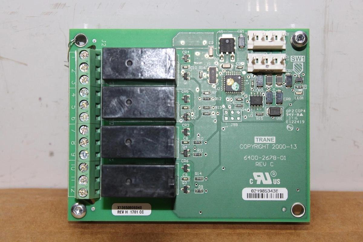 Used TRANE QUAD RELAY CIRCUIT BOARD X13650806040 REV. H 6400-2678-01 REV. C